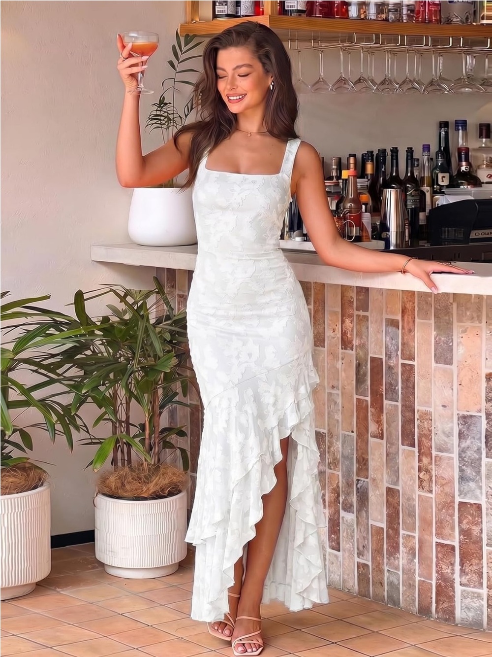 Elegant White Floral Ruffle High-Low Dress